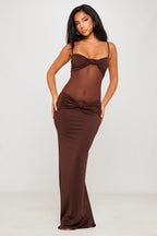 Women's Sheer Panel Maxi Dress with Brown Twist Detail-Outfitlo