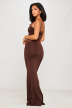 Women's Sheer Panel Maxi Dress with Brown Twist Detail-Outfitlo