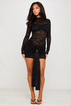 Women's Black Lace High Neck Long Sleeve Mini Dress