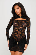 Women's Black Lace Cut-Out Long Sleeve Mini Dress
