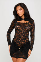 Women's Black Lace Cut-Out Long Sleeve Mini Dress