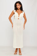 Women's Open Back Maxi Dress with Cream Lace Ruffle Details-Outfitlo