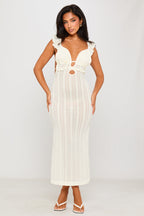Women's Open Back Maxi Dress with Cream Lace Ruffle Details-Outfitlo