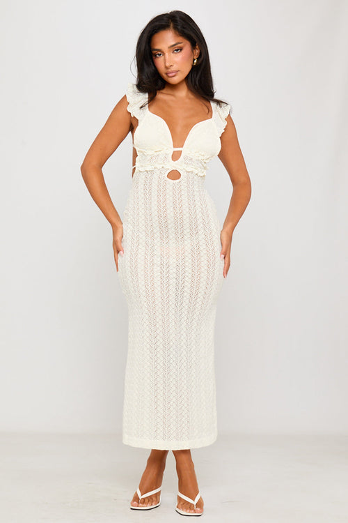 Women's Open Back Maxi Dress with Cream Lace Ruffle Details-Outfitlo