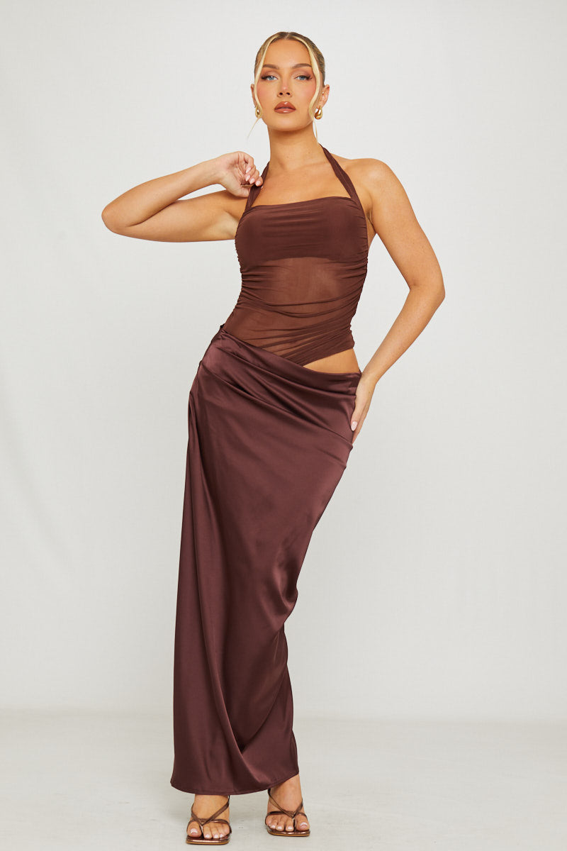 Women's Asymmetric Maxi Dress with Brown Halter Neck and Mesh Detail-Outfitlo
