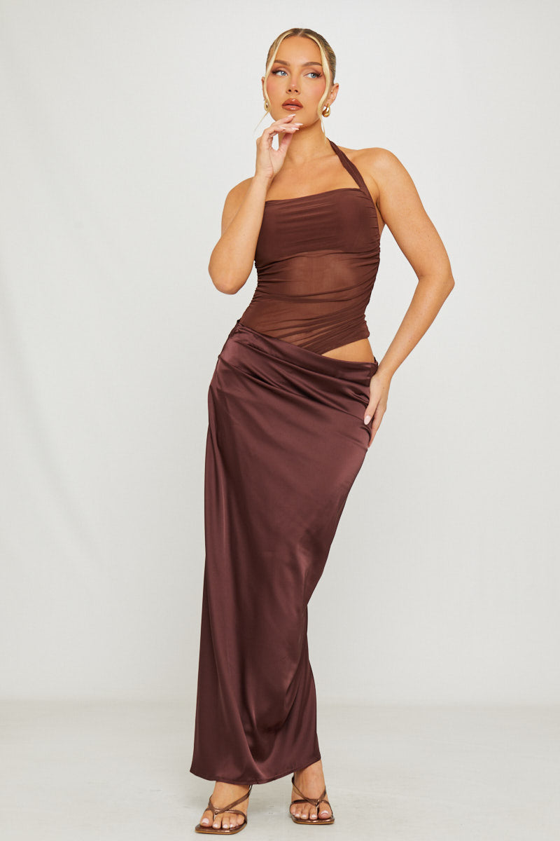 Women's Asymmetric Maxi Dress with Brown Halter Neck and Mesh Detail-Outfitlo