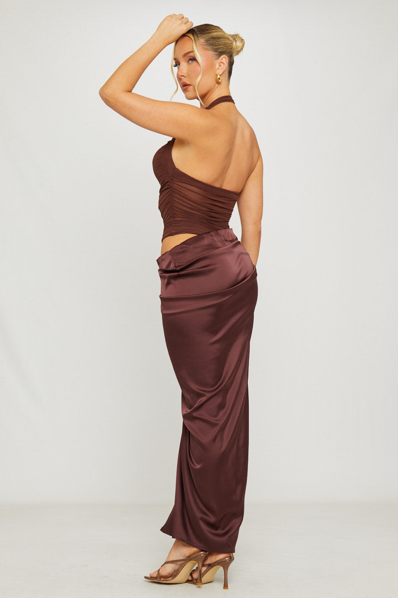 Women's Asymmetric Maxi Dress with Brown Halter Neck and Mesh Detail