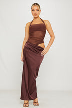 Women's Asymmetric Maxi Dress with Brown Halter Neck and Mesh Detail