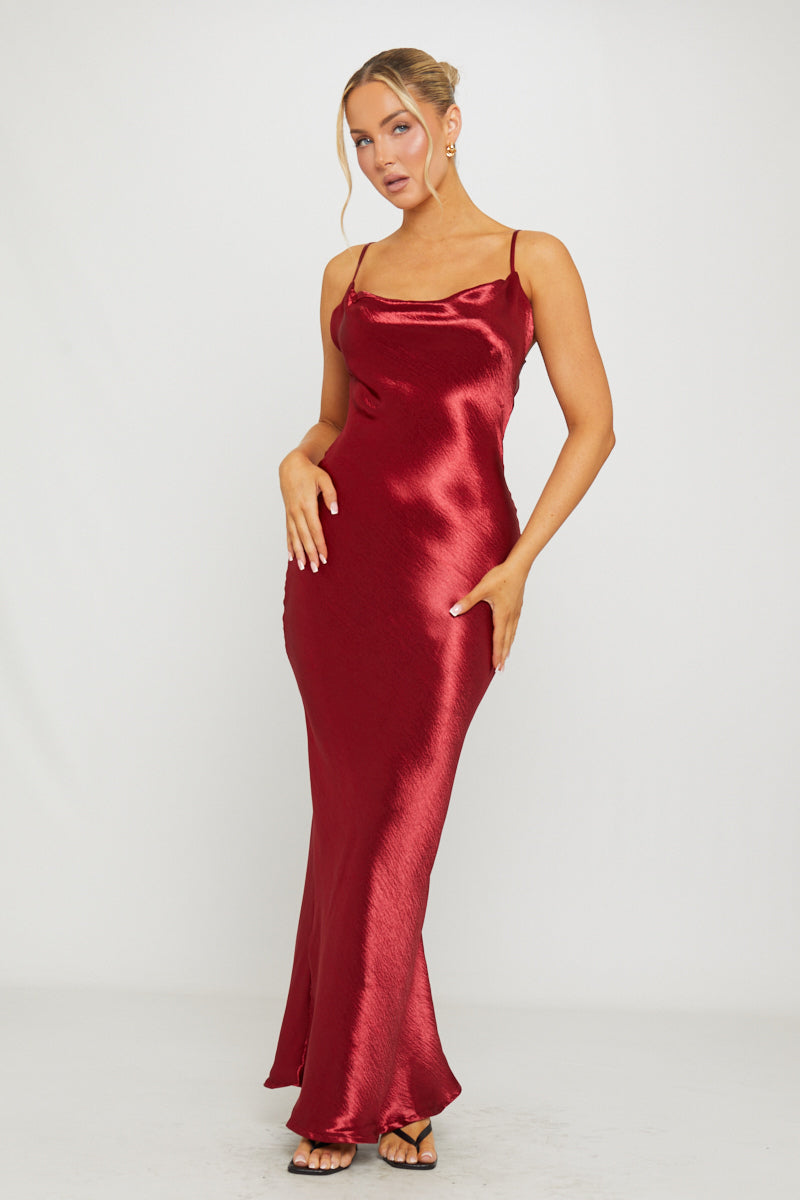 Women's Satin Cowl Neck Maxi Slip Dress in Wine-Outfitlo