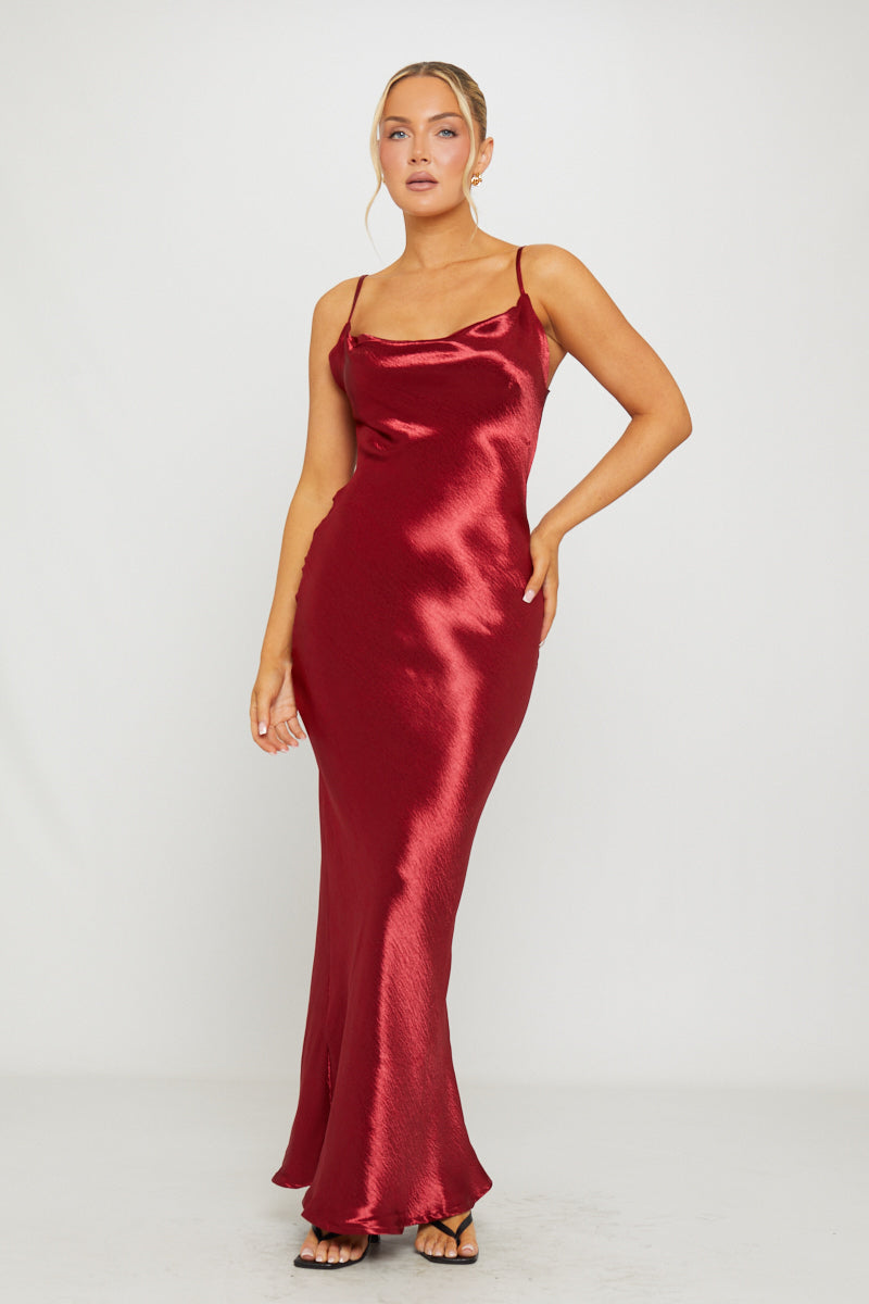 Women's Satin Cowl Neck Maxi Slip Dress in Wine-Outfitlo