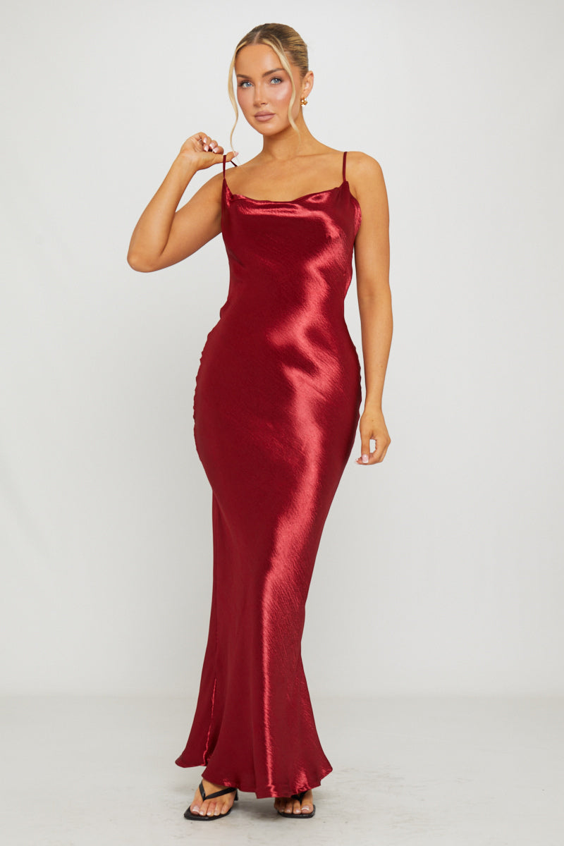 Women's Satin Cowl Neck Maxi Slip Dress in Wine-Outfitlo