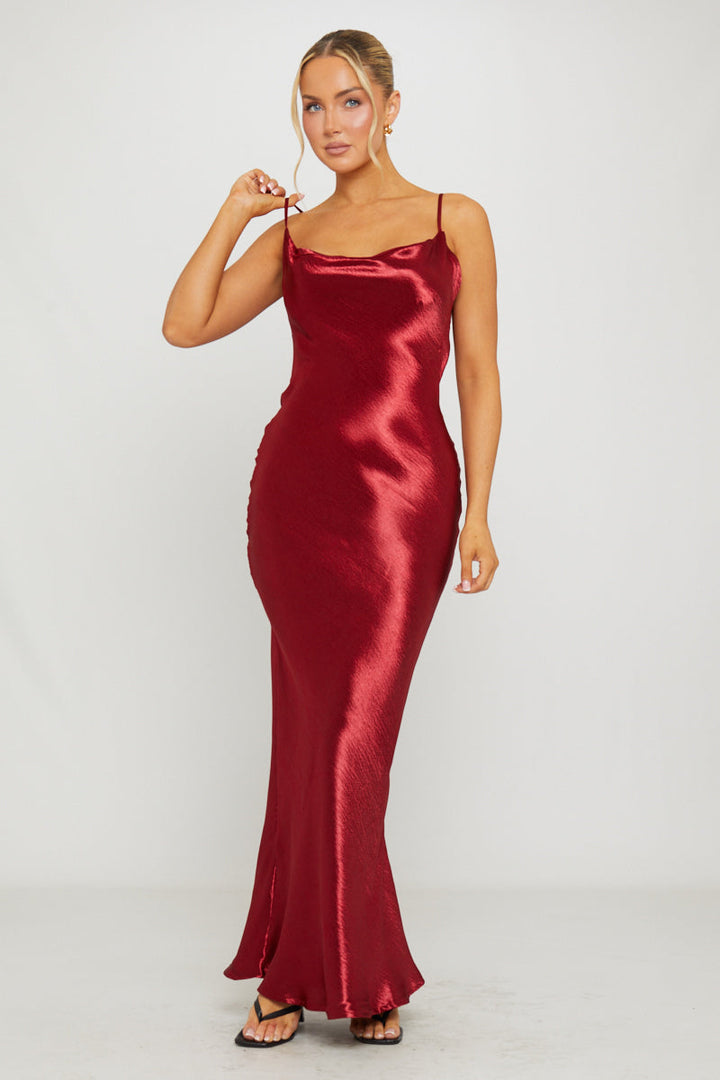 Women's Satin Cowl Neck Maxi Slip Dress in Wine-Outfitlo