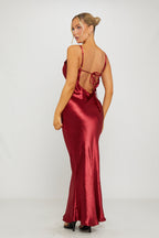 Women's Satin Cowl Neck Maxi Slip Dress in Wine-Outfitlo