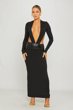 Women's Black Plunge Neck Maxi Dress with Leather Waist Detail