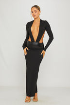 Women's Black Plunge Neck Maxi Dress with Leather Waist Detail