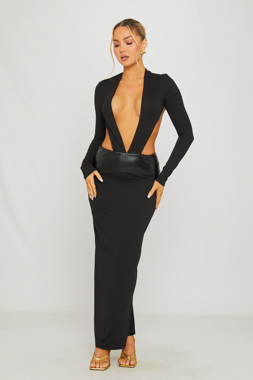 Women's Black Plunge Neck Maxi Dress with Leather Waist Detail-Outfitlo