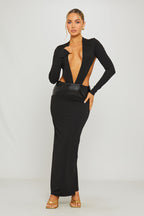 Women's Black Plunge Neck Maxi Dress with Leather Waist Detail