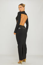 Women's Black Plunge Neck Maxi Dress with Leather Waist Detail