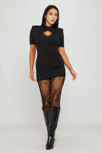 Women's Black Lace Cut-Out Mini Dress with Keyhole Detail