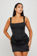 Women's Black Draped Corset Mini Dress with Tie Back
