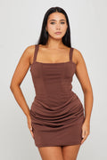 Women's Brown Draped Corset Mini Dress with Tie Back