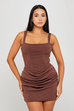 Women's Brown Draped Corset Mini Dress with Tie Back