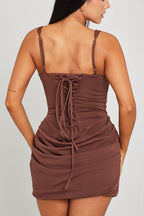 Women's Brown Draped Corset Mini Dress with Tie Back