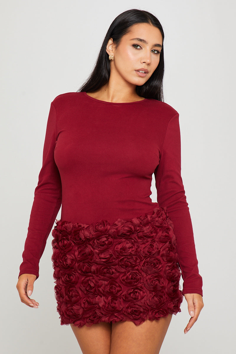 Women's Floral Textured Long Sleeve Mini Dress in Wine